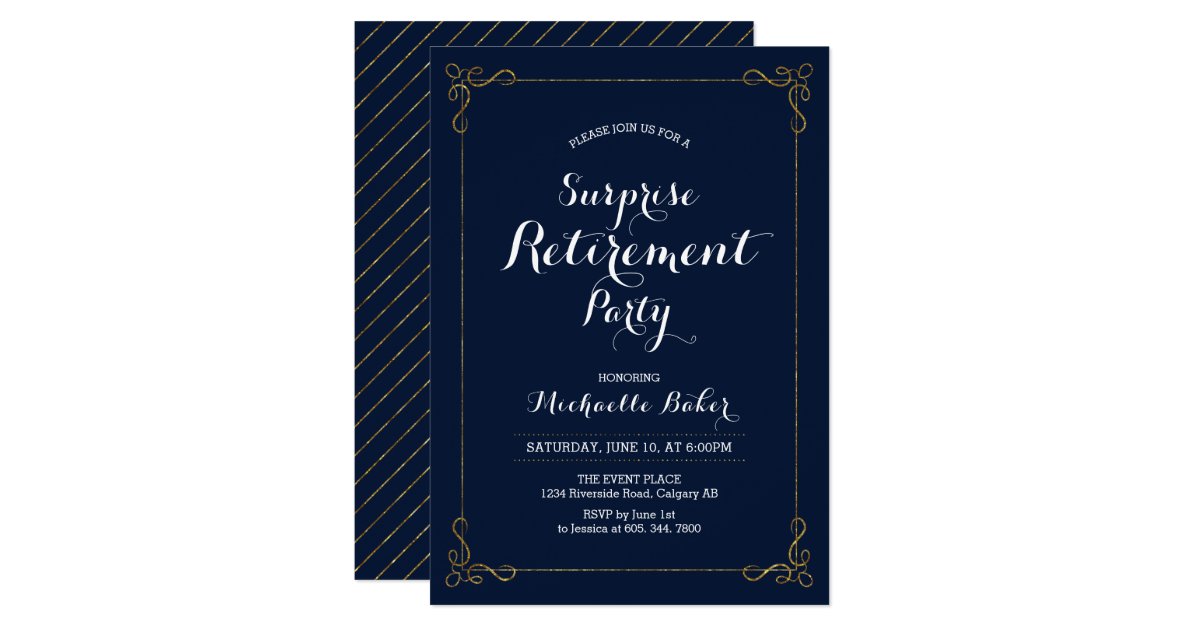 Gold & Navy | Elegant Surprise Retirement Party Invitation ...