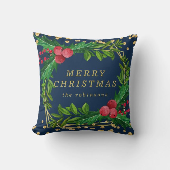 Gold Navy Family Merry Christmas Holly Glitter Throw Pillow (Front)