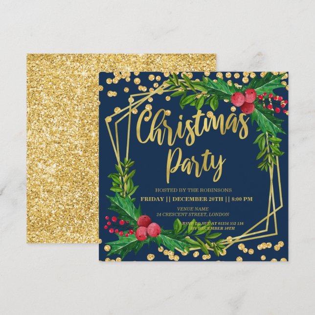 Gold Navy Festive Holly Glitter Christmas Invitation (Front/Back)