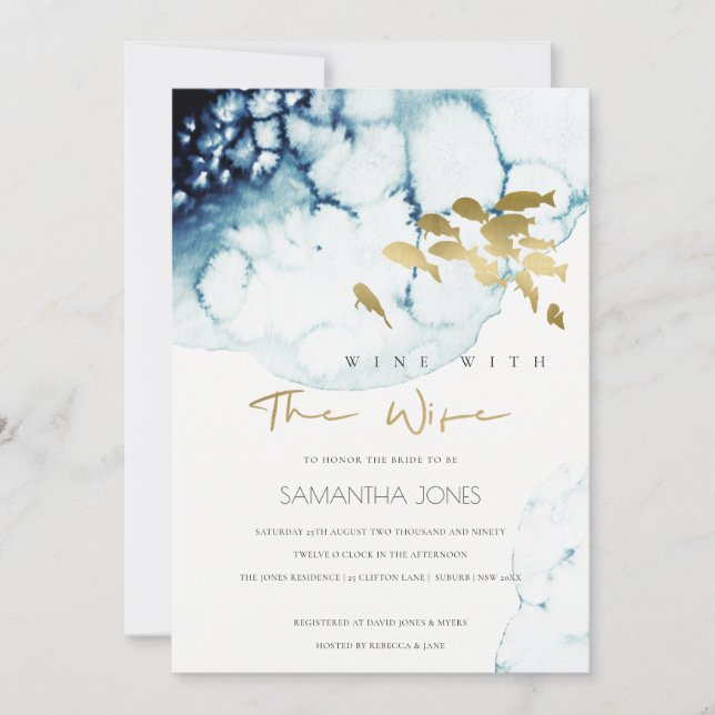 GOLD NAVY FISH WINE WITH WIFE BRIDAL SHOWER INVITE (Front)