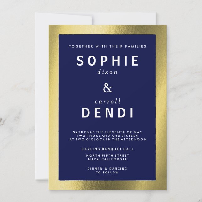 Gold & Navy Foil Wedding Announcement Invitation (Front)