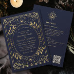 Gold Navy Gothic Vintage Tarot Wedding QR Code Invitation<br><div class="desc">Reveal your wedding destiny with this tarot-inspired invitation. With this mystical navy and gold design, these invites bring an enchanting touch to your special day. The back features a place for your details and a QR Code to your wedding website. Perfect for couples looking to add a hint of magic...</div>