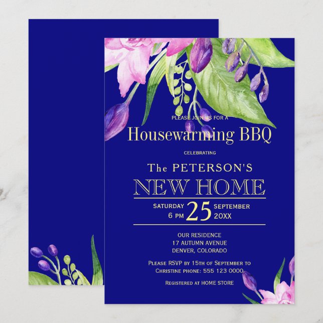 Gold navy green autumn housewarming bbq invitation (Front/Back)