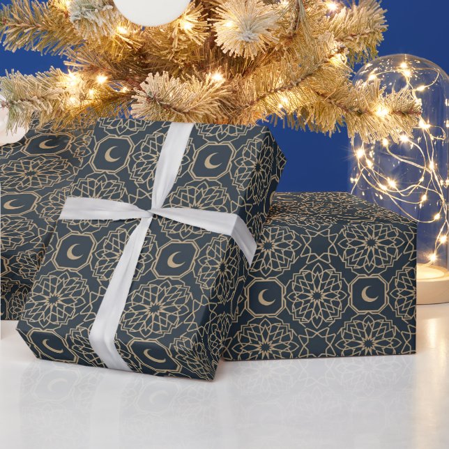 Gold Navy Islamic Geometric Crescent Pattern Wrapping Paper (Holidays)