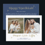 Gold Navy Menorah Peace Love Light Hanukkah Card<br><div class="desc">This Hanukkah card features a unique serif font "peace love light" quote with editable colours,  two square photos,  and elegant golden stars. Easily edit *most* text and change the colours to best suite your needs.</div>