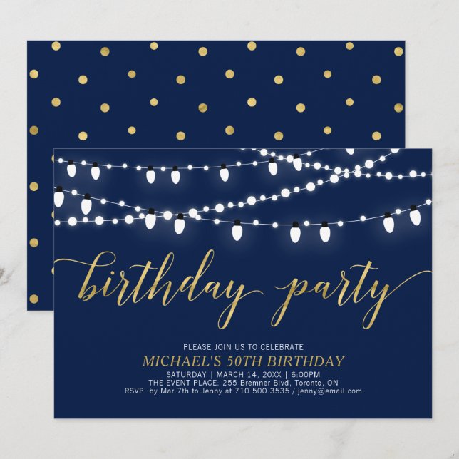 Gold & Navy | Modern Adult 50th Birthday Party Invitation (Front/Back)