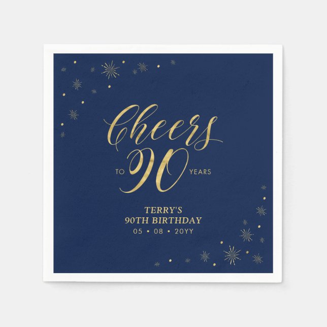 Gold & Navy | Modern Cheers 90th Birthday Party Napkin (Front)
