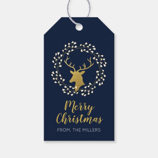 Gold & Navy | Modern Deer Merry Christmas Gift Tag (Front)