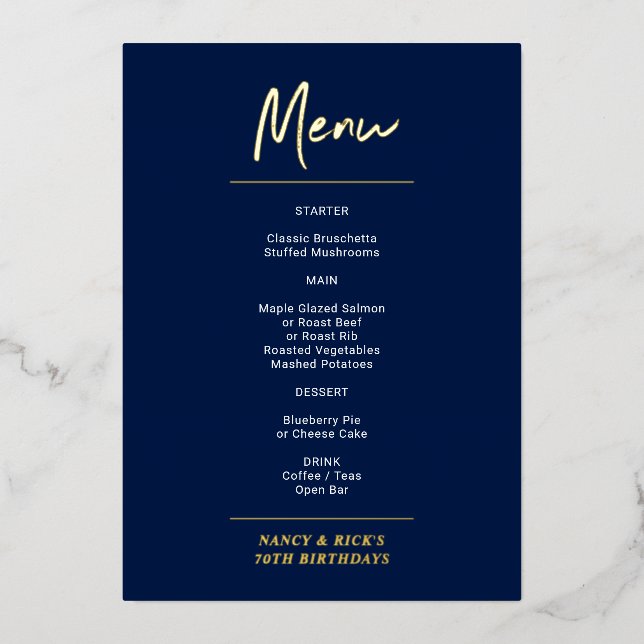 Gold & Navy Modern Lettering Birthday Party Menu (Front)