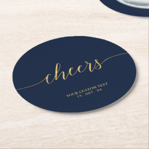Gold & Navy Modern Lettering Cheers Party Event Round Paper Coaster
