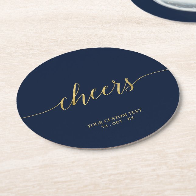 Gold & Navy Modern Lettering Cheers Party Event Round Paper Coaster (Angled)