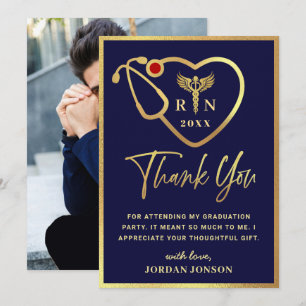 Gold Navy Modern Nursing School Graduation Thank You Card