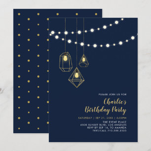Gold & Navy Modern String Lights Birthday Party Invitation