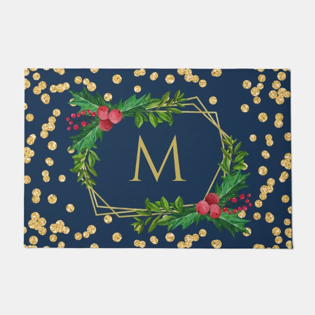 Gold Navy Monogram Merry Christmas Holly Glitter Doormat (Front)