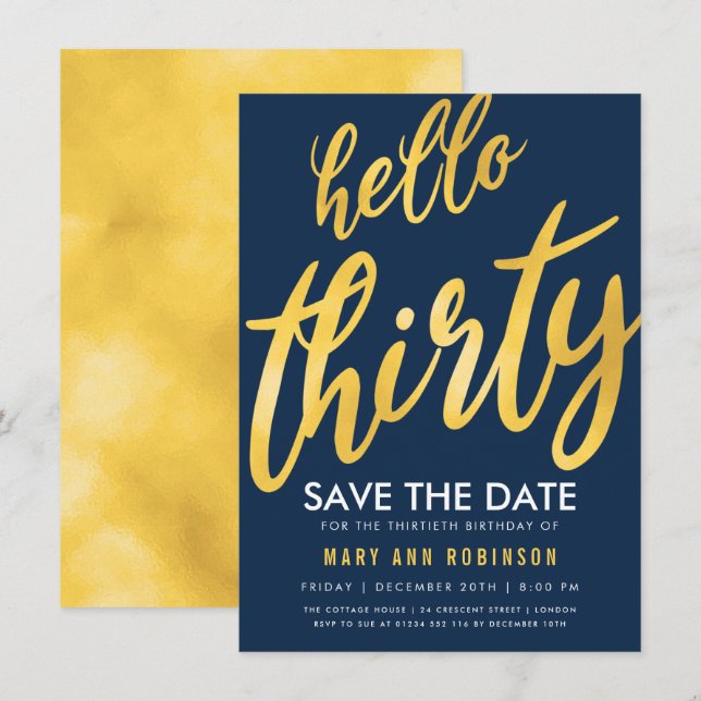 Gold Navy Save Date Thirty Birthday Party Invitation (Front/Back)