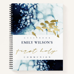 GOLD NAVY SEA FISHFIRST HOLY COMMUNION GUESTBOOK NOTEBOOK