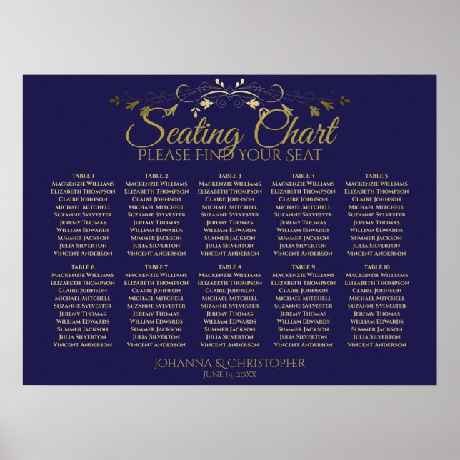 Gold & Navy Simple 10 Table Wedding Seating Chart (Front)
