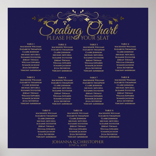 Gold & Navy Simple 11 Table Wedding Seating Chart (Front)