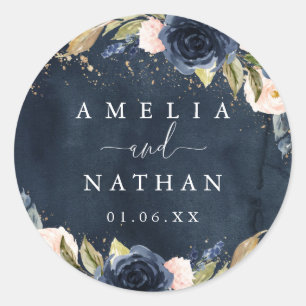 Gold Navy Sparkle Floral Watercolor Wedding Classic Round Sticker
