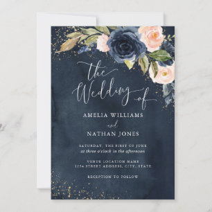 Gold Navy Sparkle Floral Watercolor Wedding Invitation