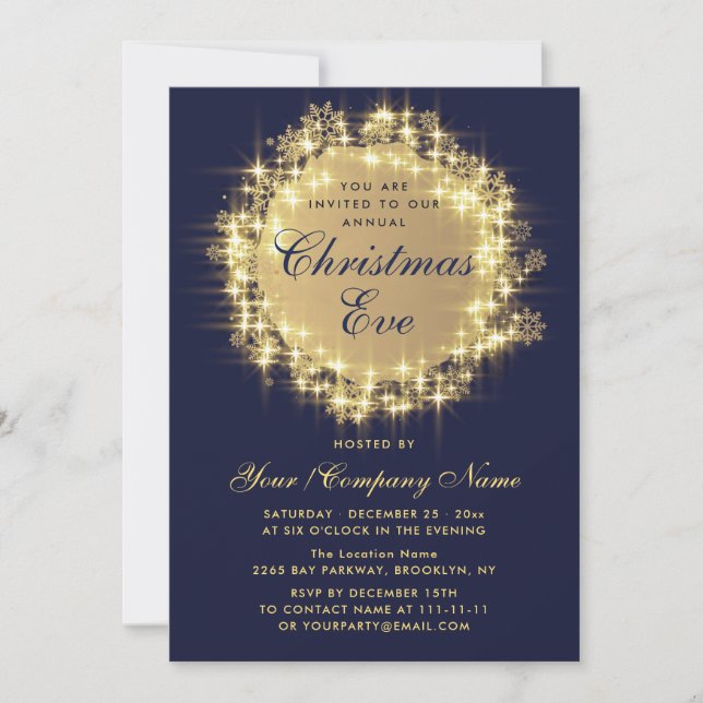 Gold Navy Sparkle Lights Christmas Eve Party Invitation (Front)