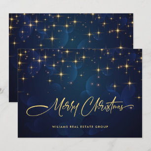 Gold Navy Sparkle Lights Corporate Christmas Holiday Card
