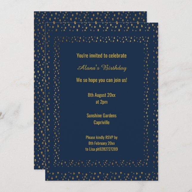 Gold Navy Star Pattern Modern Birthday Custom Invitation (Front/Back)