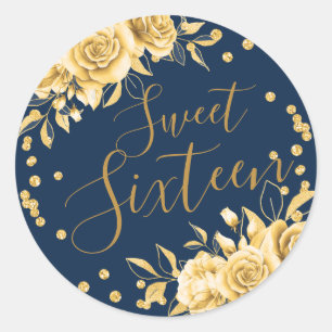 Gold Navy Sweet 16 Birthday Floral Glitter Classic Round Sticker