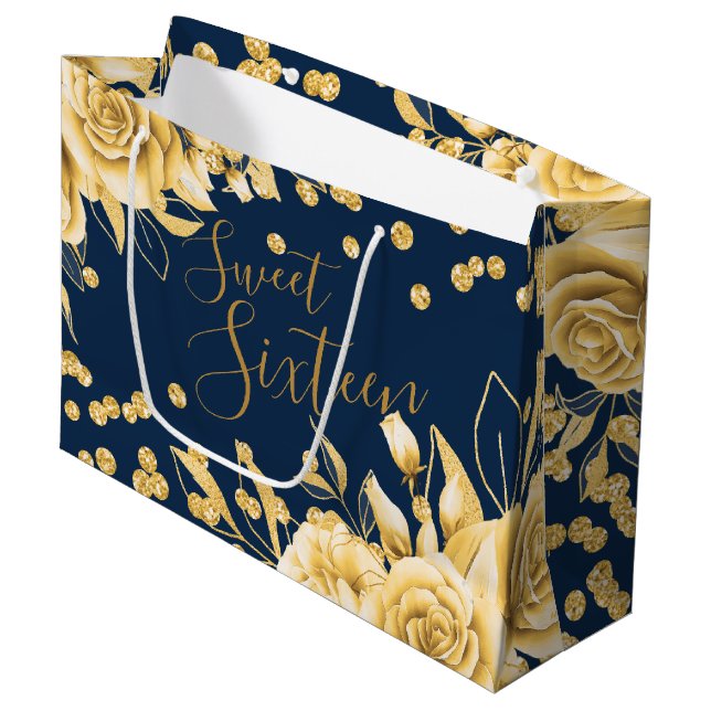 Gold Navy Sweet 16 Glitter Confetti Floral Large Gift Bag (Front Angled)