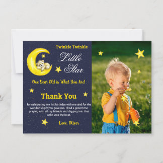 Gold Navy Twinkle Little Star 1st Birthday Photo Thank You Card