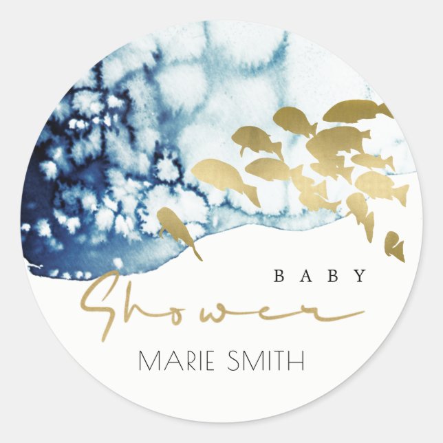 GOLD NAVY UNDERWATER SEA FISH BABY SHOWER CLASSIC CLASSIC ROUND STICKER (Front)