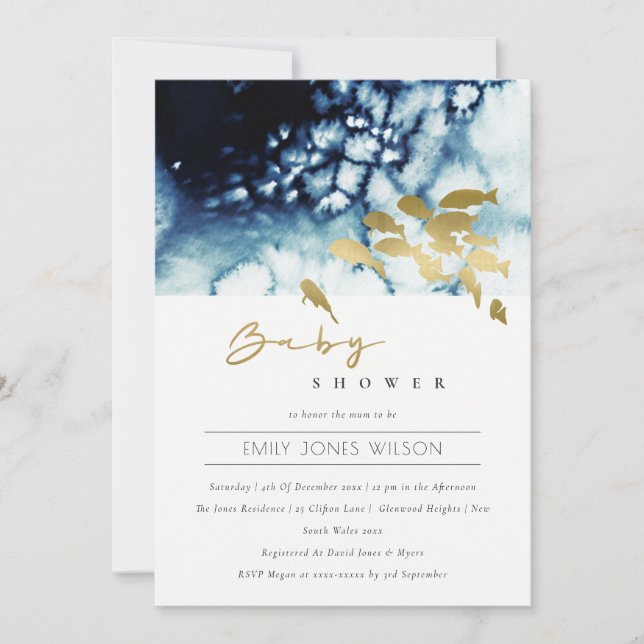 GOLD NAVY UNDERWATER SEA FISH BABY SHOWER INVITE (Front)