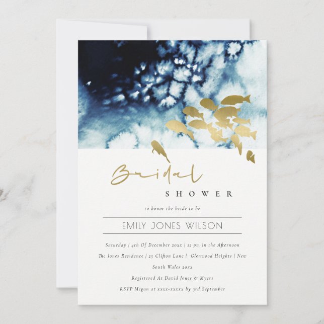 GOLD NAVY UNDERWATER SEA FISH BRIDAL SHOWER INVITE (Front)