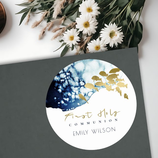 GOLD NAVY UNDERWATER SEA FISH FIRST HOLY COMMUNION CLASSIC ROUND STICKER (Creator Uploaded)