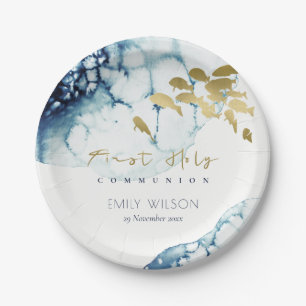 GOLD NAVY UNDERWATER SEA FISH FIRST HOLY COMMUNION PAPER PLATE