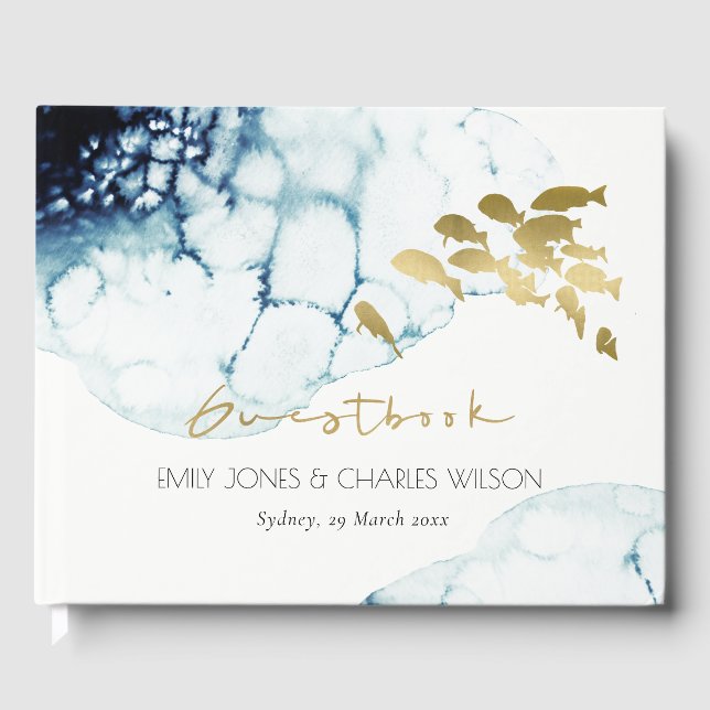 GOLD NAVY UNDERWATER SEA FISH WATERCOLOR WEDDING GUEST BOOK (Front)
