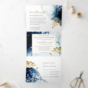 GOLD NAVY UNDERWATER SEA FISH WATERCOLOR WEDDING Tri-Fold INVITATION