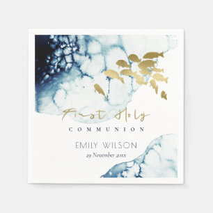 GOLD NAVY UNDERWATER SEA FISHFIRST HOLY COMMUNION  NAPKIN
