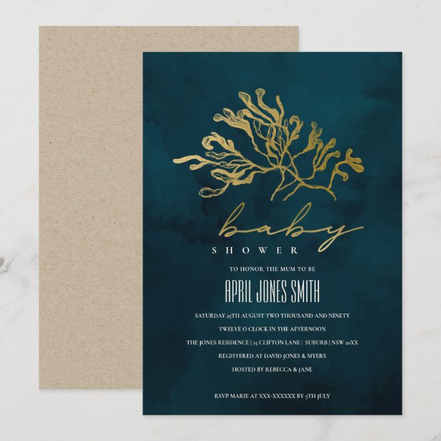 GOLD NAVY UNDERWATER SEAWEED BABY SHOWER INVITE (Front/Back)