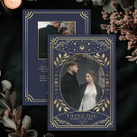 Gold Navy Vintage Tarot Gothic Wedding Thank You Card<br><div class="desc">Say 'thank you' with a touch of dark magic! These gothic witchy wedding thank you cards are inspired by vintage tarot cards, featuring radiant gold details, a photo of the couple, and a blue background. Perfect for sharing your gratitude in style. Order now & let your love story enchant everyone!...</div>