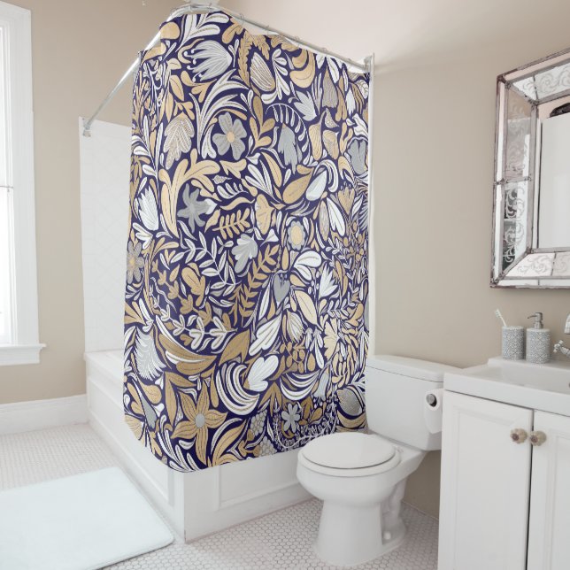 Gold Navy White Floral Leaf Illustration Pattern (In Situ)