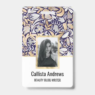 Gold Navy White Floral Leaf Illustration Pattern Badge