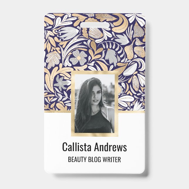 Gold Navy White Floral Leaf Illustration Pattern Badge (Front)