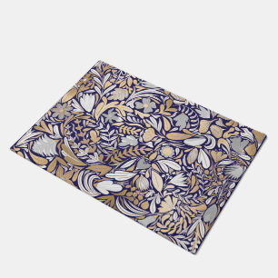 Gold Navy White Floral Leaf Illustration Pattern Doormat