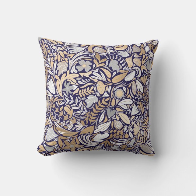 Gold Navy White Floral Leaf Illustration Pattern Throw Pillow (Front)