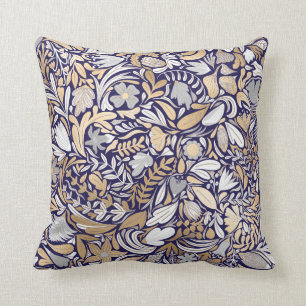 Gold Navy White Floral Leaf Illustration Pattern Throw Pillow