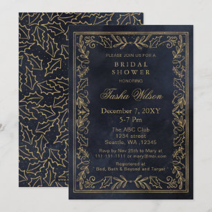 Gold Navy Winter Foliage Holiday Bridal Shower Invitation