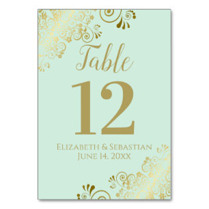 Gold & Neo Mint Green Elegant Frilly Wedding Table Number
