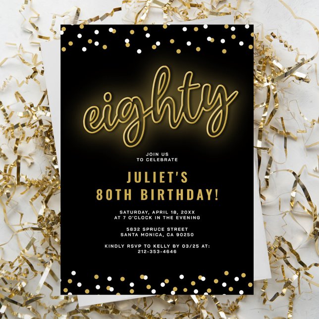 Gold Neon Eighty Birthday Invitation (Creator Uploaded)
