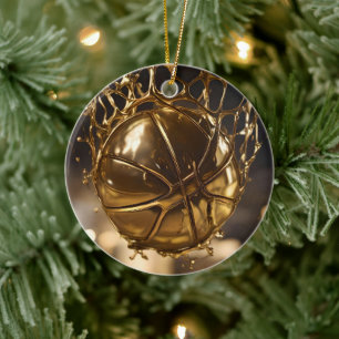 Gold Netball In A Gold Netball Net, Ceramic Ornament